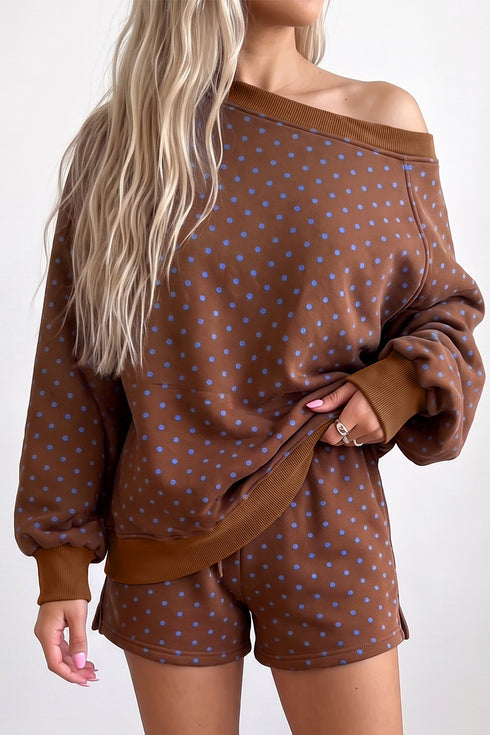 Polka Dot Relaxed Long Sleeve Top Drawstring Short Set