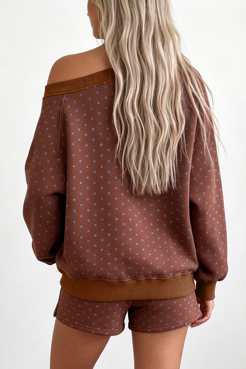 Polka Dot Relaxed Long Sleeve Top Drawstring Short Set