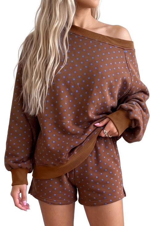 Polka Dot Relaxed Long Sleeve Top Drawstring Short Set