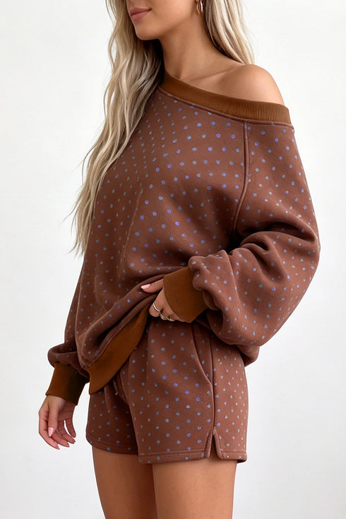 Polka Dot Relaxed Long Sleeve Top Drawstring Short Set