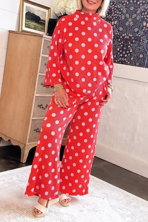Polka Dot Ribbed Knit Mock Neck Pullover Pant Set