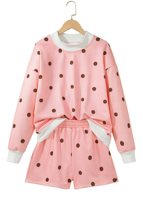 Polka Dot Ribbed Trim Long Sleeve Short Set