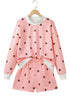Polka Dot Ribbed Trim Long Sleeve Short Set