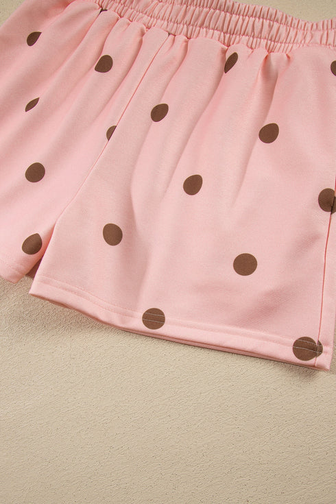 Polka Dot Ribbed Trim Long Sleeve Short Set