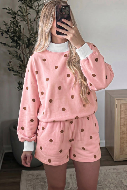 Polka Dot Ribbed Trim Long Sleeve Short Set