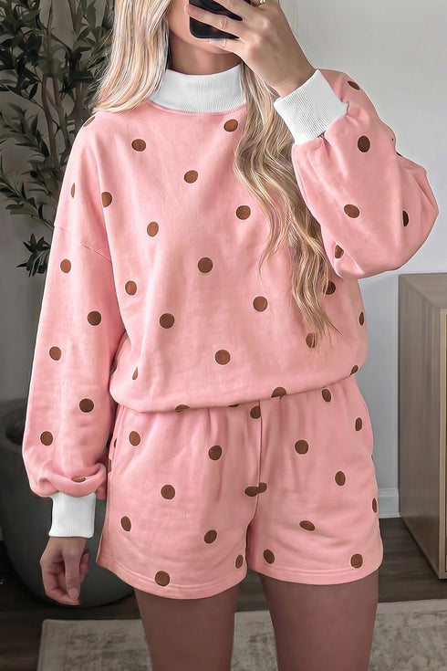 Polka Dot Ribbed Trim Long Sleeve Short Set