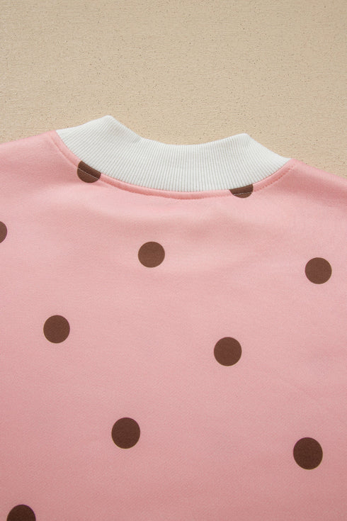 Polka Dot Ribbed Trim Long Sleeve Short Set