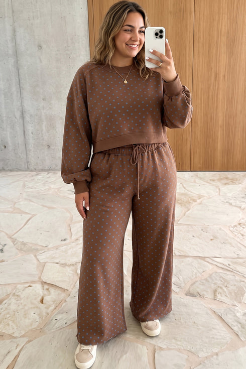 Polka Dot Round Neck Long Sleeve Lounge Set