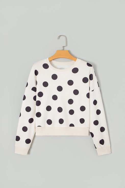 Polka Dot Round Neck Seam Detail Pullover Sweatshirt