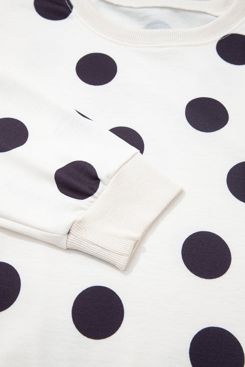 Polka Dot Round Neck Seam Detail Pullover Sweatshirt
