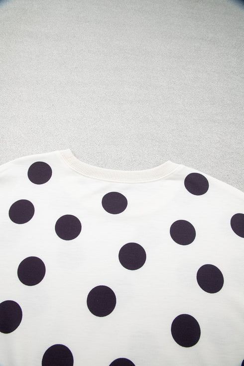 Polka Dot Round Neck Seam Detail Pullover Sweatshirt