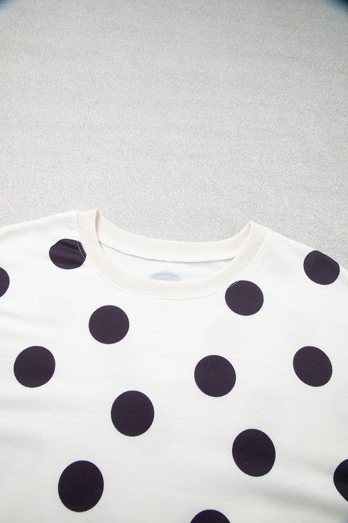 Polka Dot Round Neck Seam Detail Pullover Sweatshirt