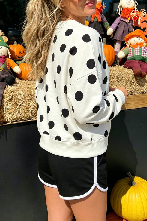 Polka Dot Round Neck Seam Detail Pullover Sweatshirt