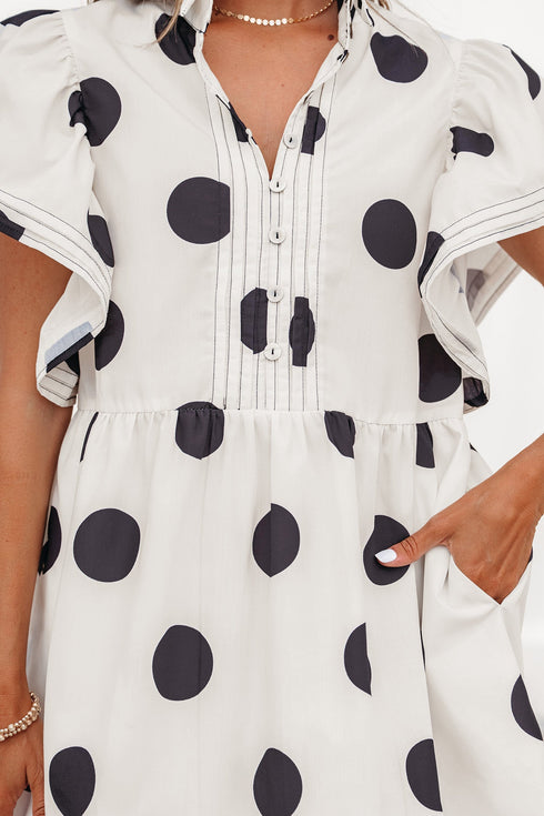 Polka Dot Ruffled Short Sleeve Half Button Mini Dress
