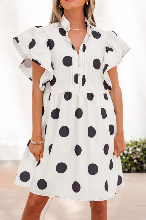 Polka Dot Ruffled Short Sleeve Half Button Mini Dress