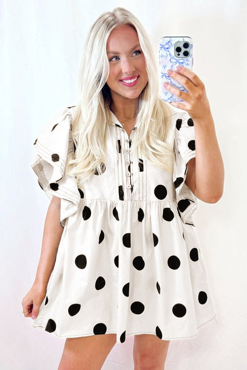 Polka Dot Ruffled Short Sleeve Half Button Mini Dress