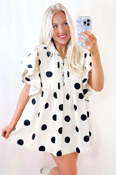Polka Dot Ruffled Short Sleeve Half Button Mini Dress