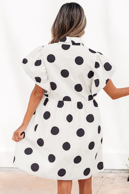 Polka Dot Ruffled Short Sleeve Half Button Mini Dress