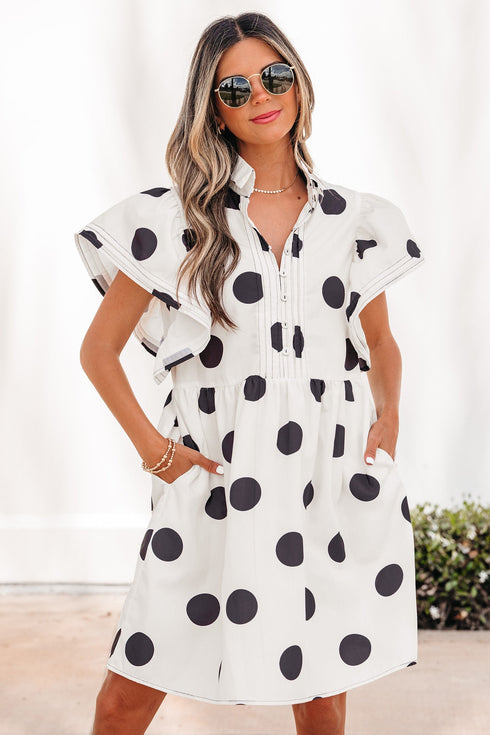 Polka Dot Ruffled Short Sleeve Half Button Mini Dress