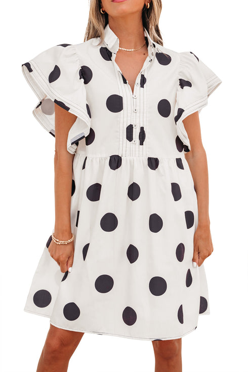 Polka Dot Ruffled Short Sleeve Half Button Mini Dress