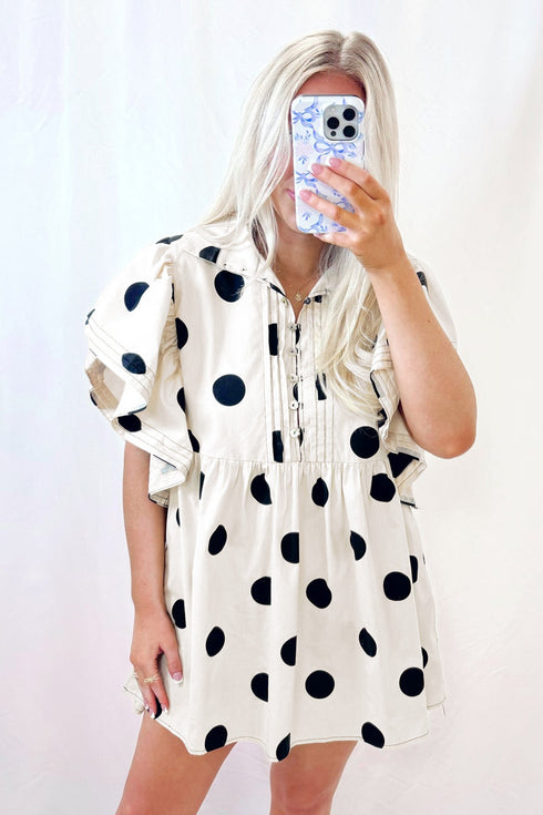 Polka Dot Ruffled Short Sleeve Half Button Mini Dress