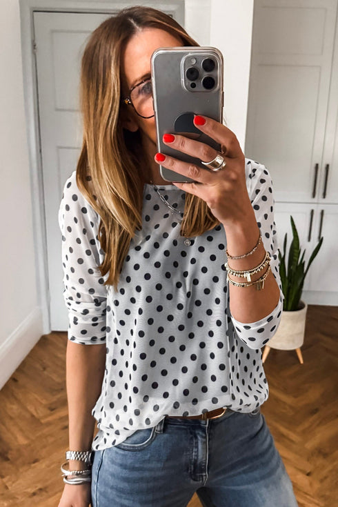 Polka Dot Sheer Mesh Long Sleeve Round Neck Shift Top