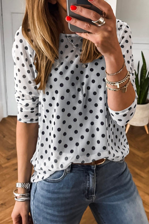 Polka Dot Sheer Mesh Long Sleeve Round Neck Shift Top