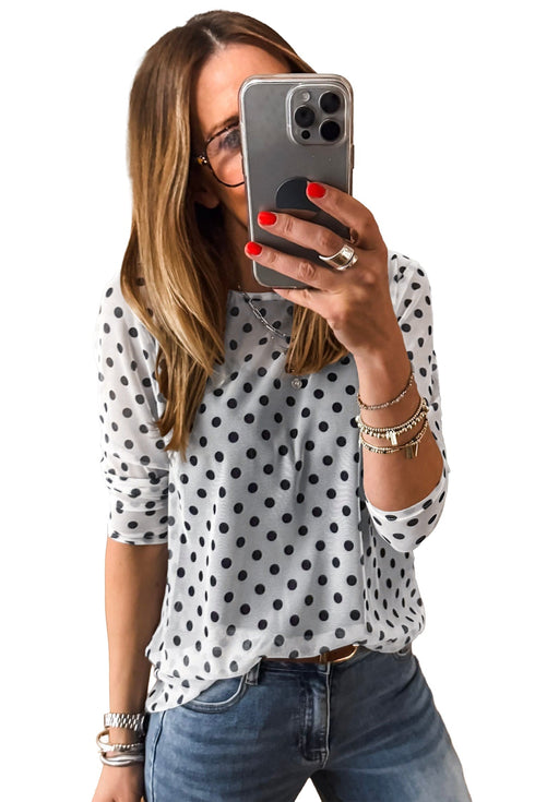 Polka Dot Sheer Mesh Long Sleeve Round Neck Shift Top