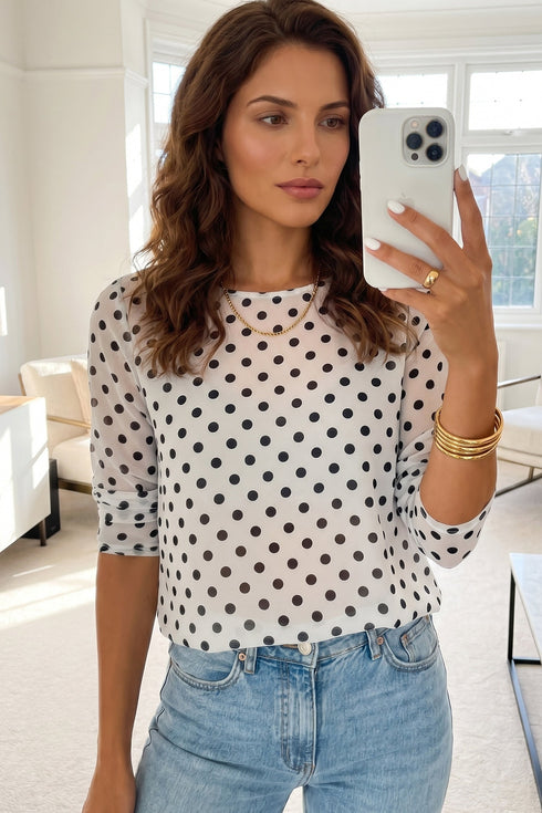 Polka Dot Sheer Mesh Long Sleeve Round Neck Shift Top