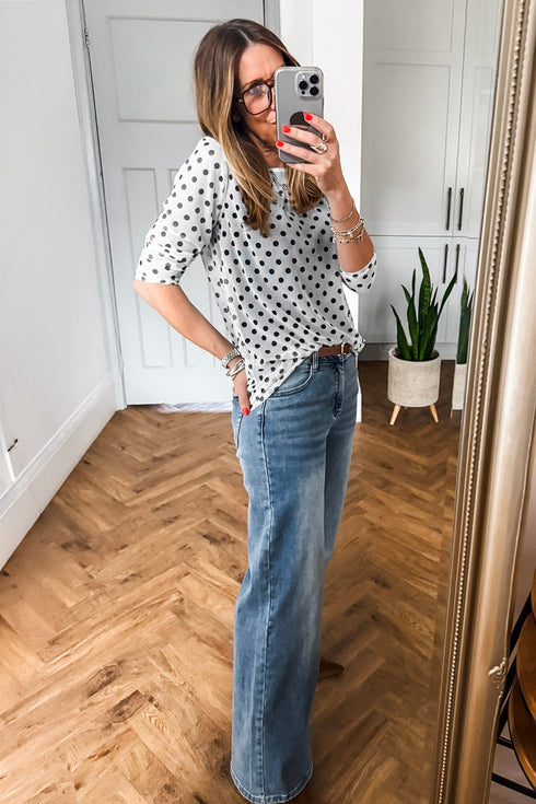 Polka Dot Sheer Mesh Long Sleeve Round Neck Shift Top