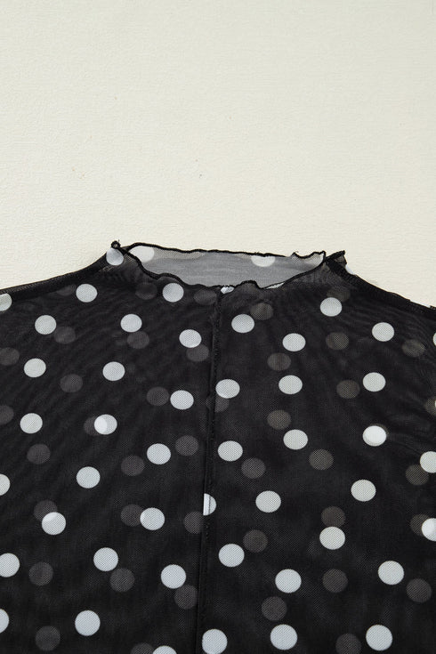 Polka Dot Sheer Mesh Mock Neck Bodycon Long Sleeve Top