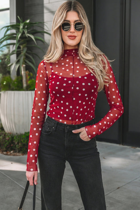 Polka Dot Sheer Mesh Mock Neck Bodycon Long Sleeve Top