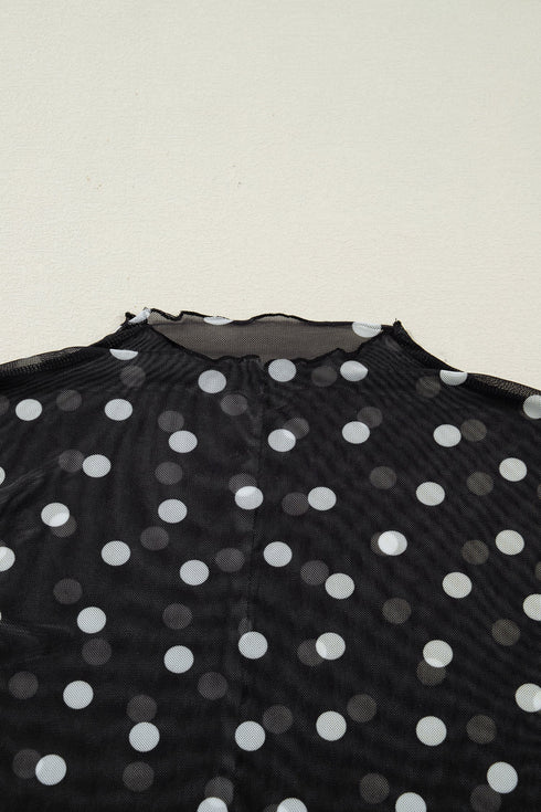 Polka Dot Sheer Mesh Mock Neck Bodycon Long Sleeve Top