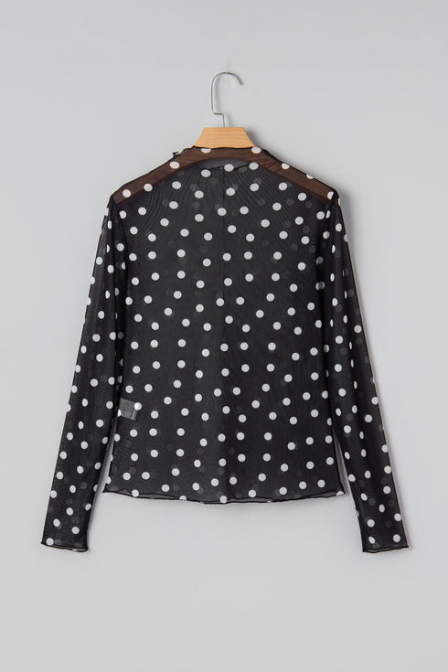 Polka Dot Sheer Mesh Mock Neck Bodycon Long Sleeve Top