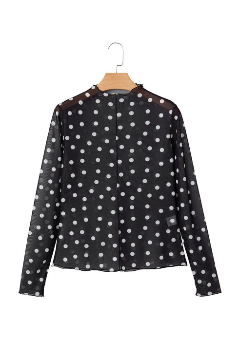 Polka Dot Sheer Mesh Mock Neck Bodycon Long Sleeve Top