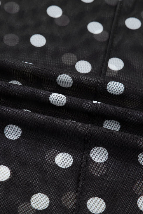 Polka Dot Sheer Mesh Mock Neck Bodycon Long Sleeve Top