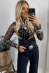 Polka Dot Sheer Mesh Mock Neck Bodycon Long Sleeve Top