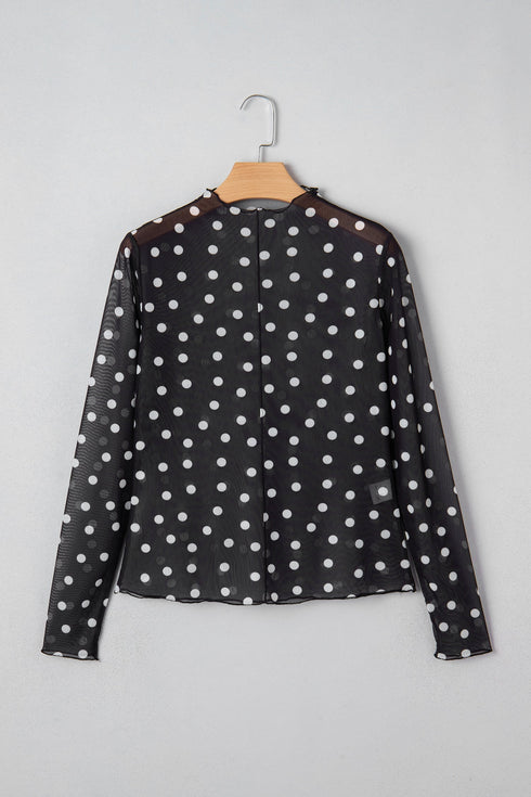 Polka Dot Sheer Mesh Mock Neck Bodycon Long Sleeve Top