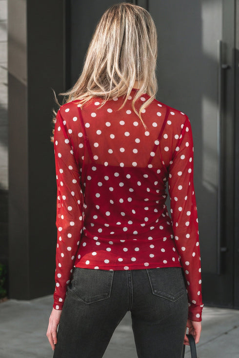 Polka Dot Sheer Mesh Mock Neck Bodycon Long Sleeve Top