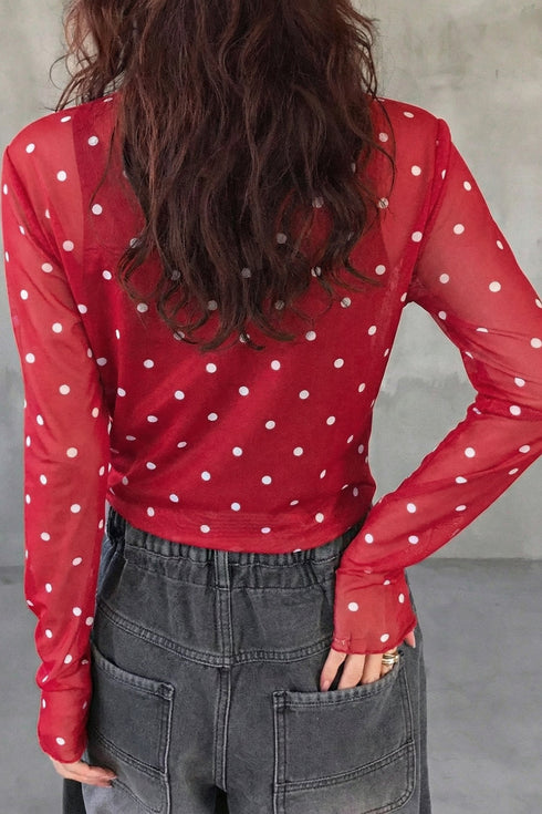 Polka Dot Sheer Mesh Mock Neck Bodycon Long Sleeve Top