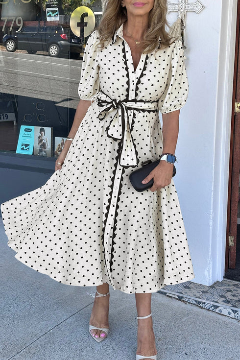 Polka Dot Shirt Collar Rick Rack Belted Midi Dress