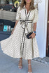 Polka Dot Shirt Collar Rick Rack Belted Midi Dress