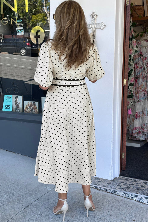 Polka Dot Shirt Collar Rick Rack Belted Midi Dress