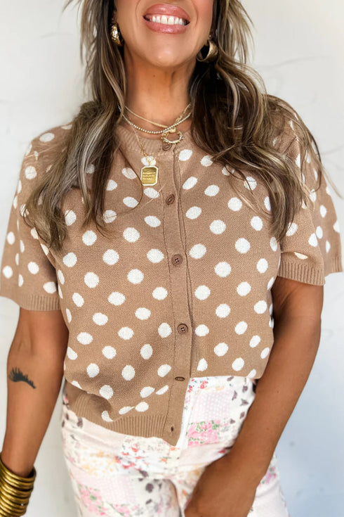 Polka Dot Short Sleeve Button Down Sweater Cardigan
