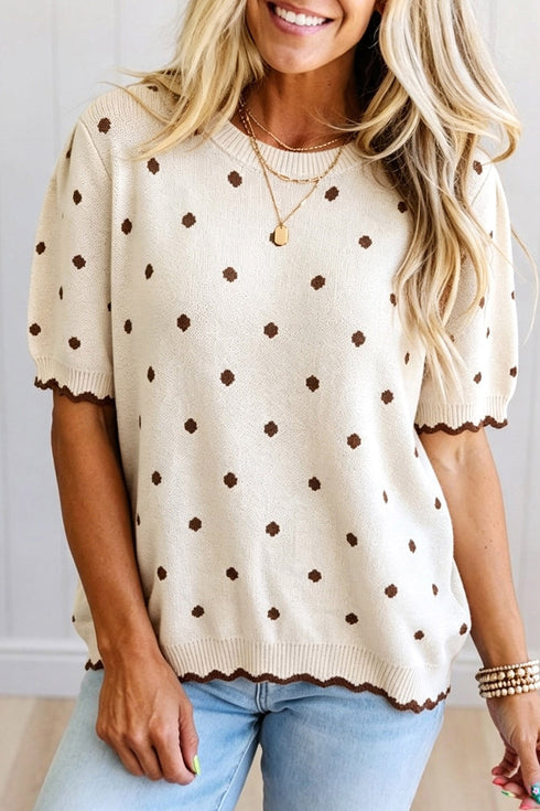 Polka Dot Short Sleeve Round Neck Shift Sweater