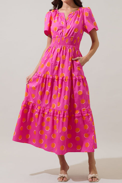 Polka Dot Short Sleeve Smocked High Waist Midi Dress