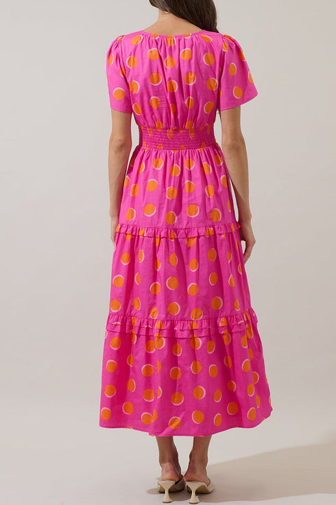 Polka Dot Short Sleeve Smocked High Waist Midi Dress