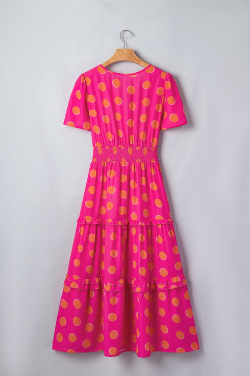 Polka Dot Short Sleeve Smocked High Waist Midi Dress