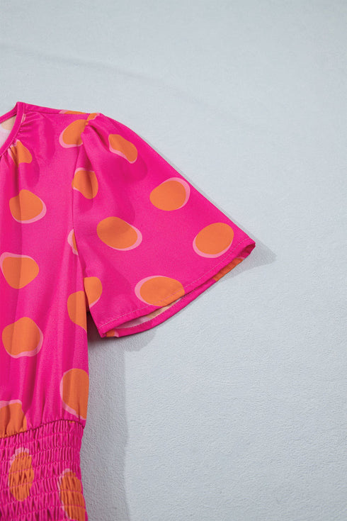 Polka Dot Short Sleeve Smocked High Waist Midi Dress
