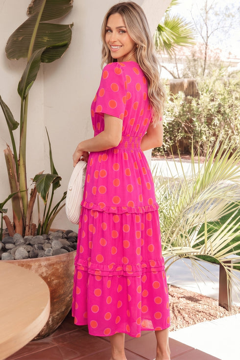 Polka Dot Short Sleeve Smocked High Waist Midi Dress